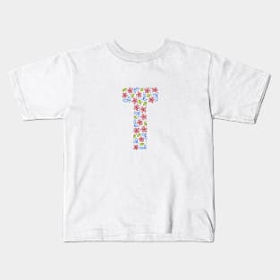 Floral Monogram Letter T - pink and blue Kids T-Shirt